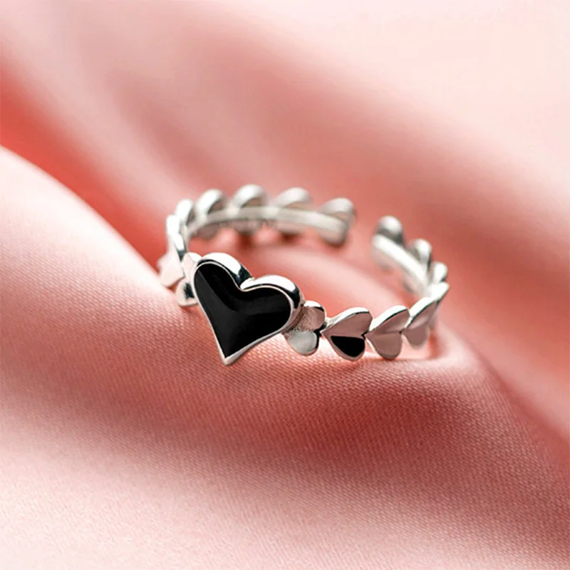 Foxanry Black Drop Glaze Love Heart Rings For Women Girls Simple Classic Sweet Temperament Fashion Cute Engagement Jewelry Gifts