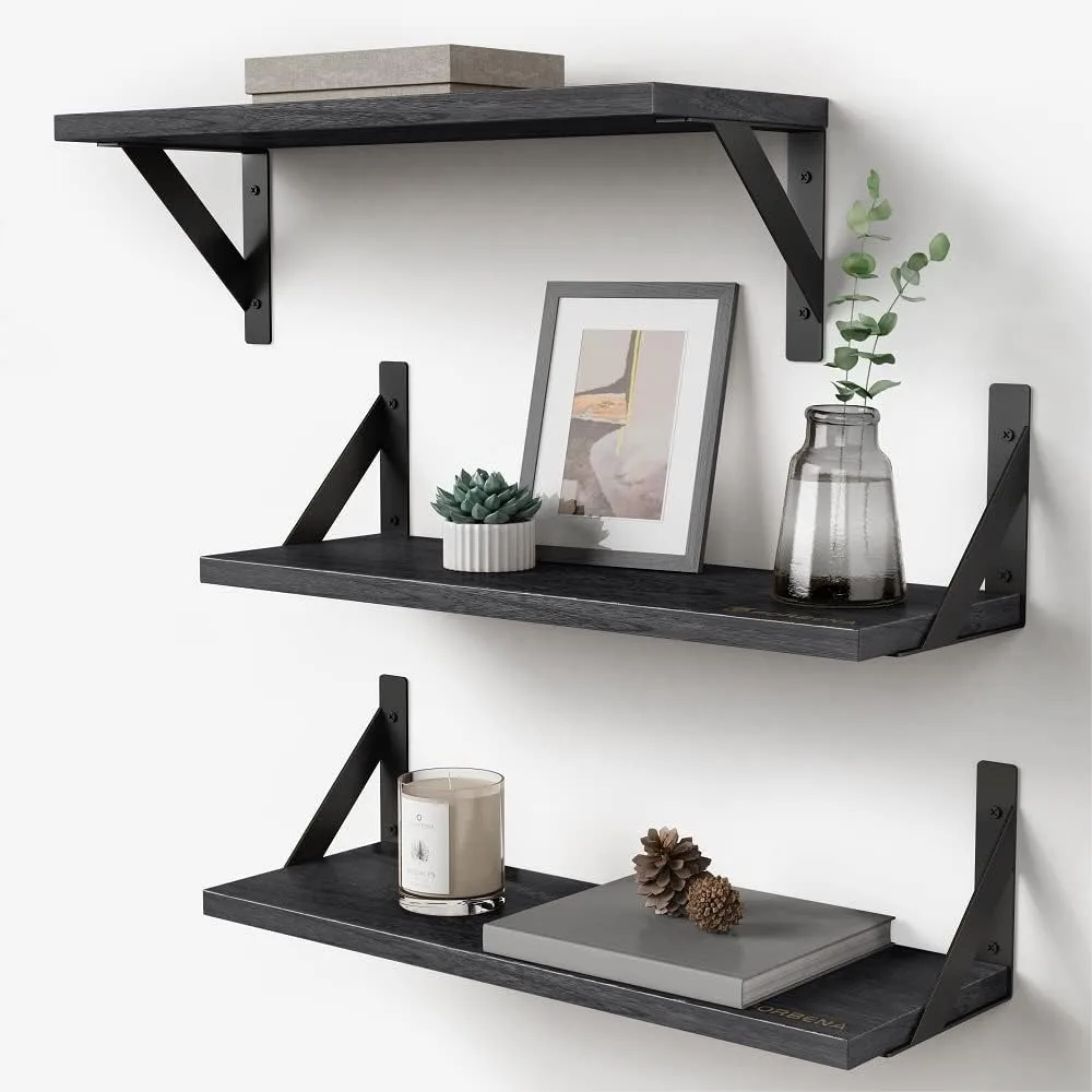 

Set of 3 Black Floating Shelves for Wall, Rustic Wooden Bookshelves with Brackets, Storage Organizer for Bathroom Living Room