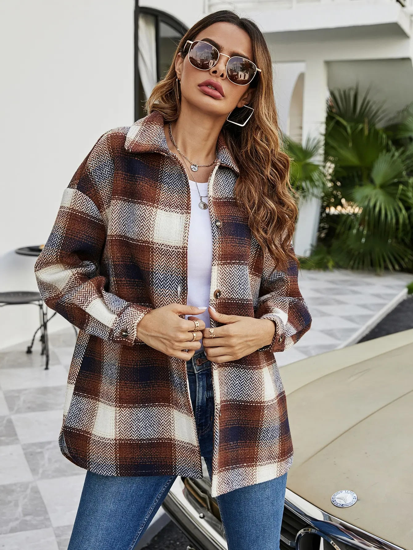 Women Vintage Plaid Lapel Shacket Jacket, Loose Long‑Sleeve Thick Flannel Shirt Coat Casual Autumn Winter Outerwear