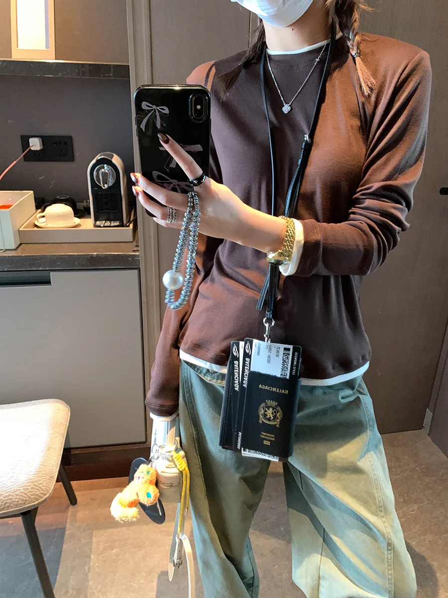 

Новая женская повседневная футболка на раннюю весну, однотонная, из смесовой ткани, с эффектом двухслойности и цветовыми блоками