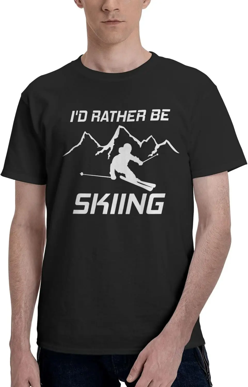 I'd Rather Be Skiing Ski Skis Snow Men's Classic Crewneck T-Shirt, Cotton Short Sleeve Black