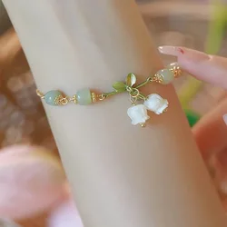 Fashion White Floral Leaf Bracelet Trendy Lily Valley Charm Green Nature Stone Beaded Bracelet for Women Female Wedding Jewelry