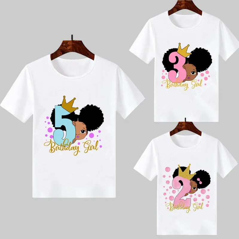 

Cute little black melanin princess print girl t-shirt for birthday kids funny t shirts 1 2 3 4 5 6 7 8 year present Tshirt