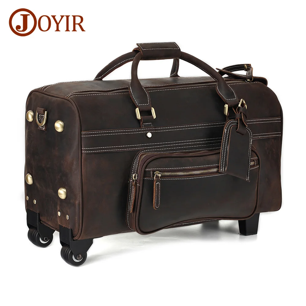 

JOYIR Genuine Cowhide Leather Trolley Travel Duffel Bag Men Retro Luxury Luggage With Shoulder Strap Wheels for Business