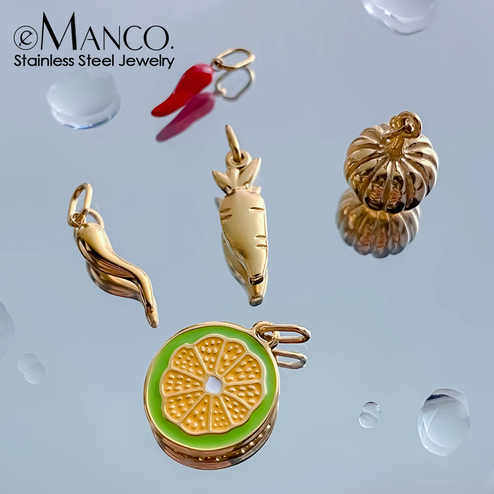 EMANCO Stainless Steel Charms Collection Playful Style Enamel Vegetable Elements Lemon Slice, Red Chili, DIY Jewelry Making