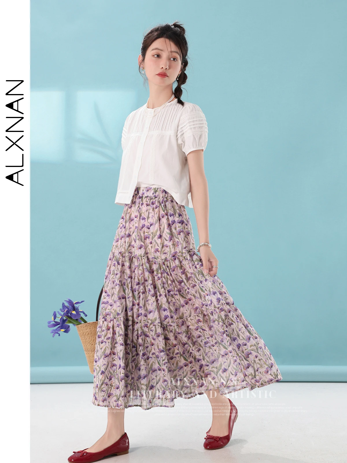 ALXNAN Floral High Waisted Tiered Skirts for Women Summer New 2024 A-line Print Midi Beach Holiday Cake Skirt Woman LXN29787