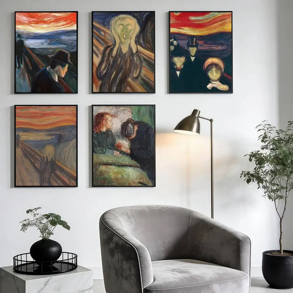 Frameless Art Edvard Munch Anxiety Poster Stickers Classic Art Print Retro Wall Decor HD Living Room Bedroom Home Light Ideal Gi