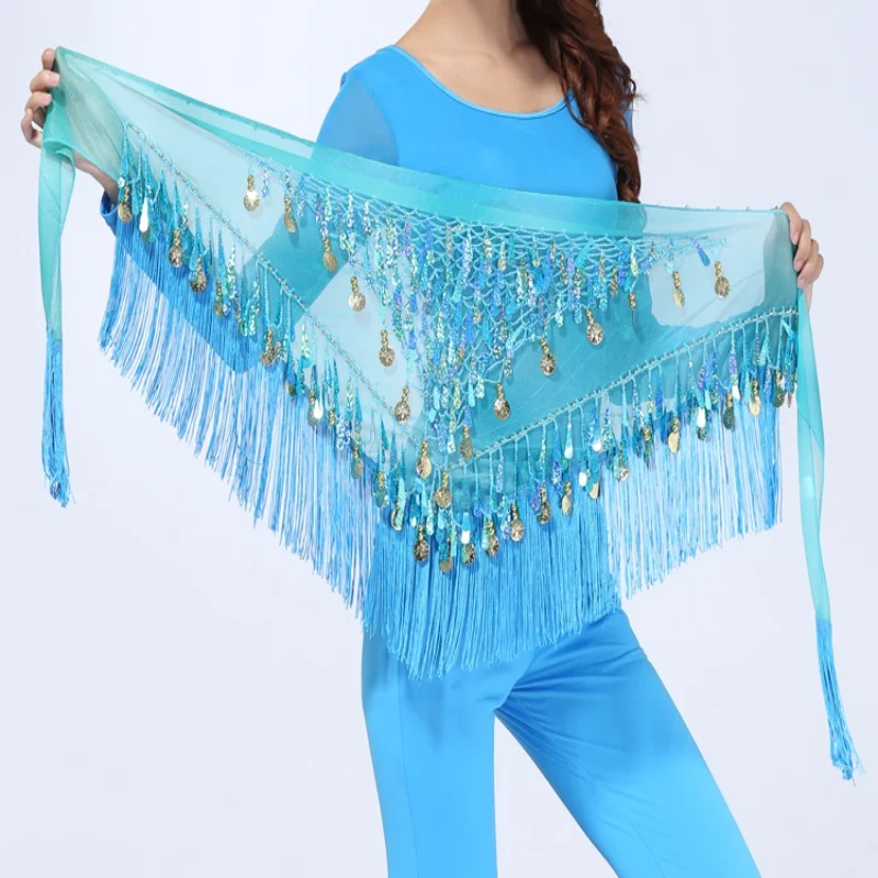 Women\'s Belly Dance Tassels Triangle Hip Scarf With Coin Sequins Colorful Waist Belt Triangle Skirt