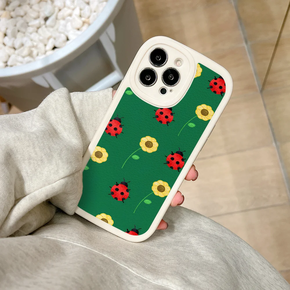 Ladybug Sunflower Phone Case For IPhone 11 12 13 14 15 Plus Pro Max PU Leather Silicon Soft Cover