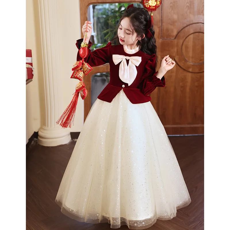 Children Elegant Dresses Piano Performance Slim Fit High Quality Dress Girls Evening Dinner Formal Burgundy Full Sleeve Gowns