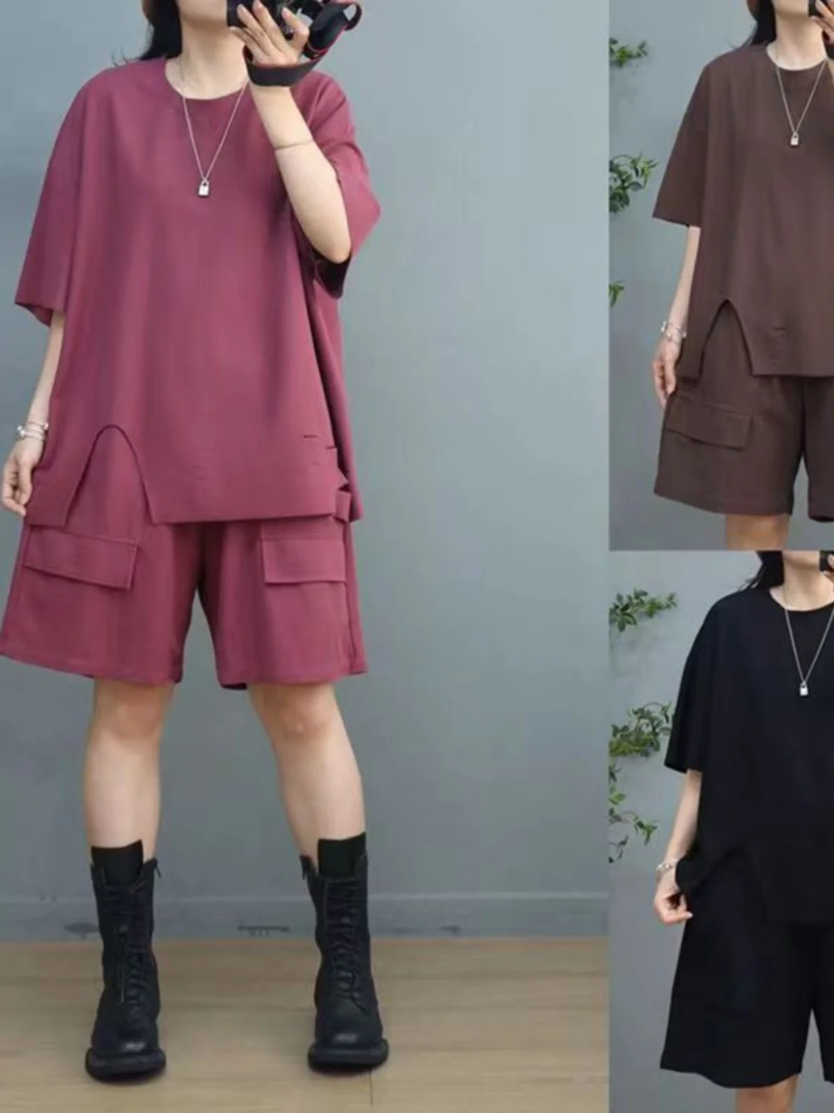 

Летний новый модный комплект: футболка с рваными элементами и шорты, повседневный свободный комплект из двух предметов в корейском стиле, с круглым вырезом и коротким рукавом, с эффектом омоложения.