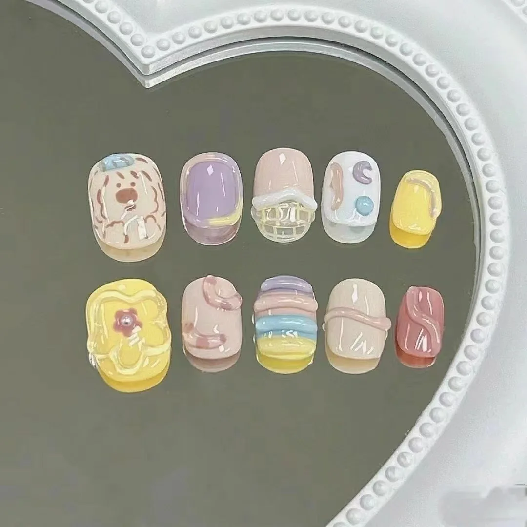 Beautiful French 10Pcs Fashion Nail Cartoon Zoon Kawaii A Young Girl\'s Heart Repeated Use False Nails Gifts Festival Gifts