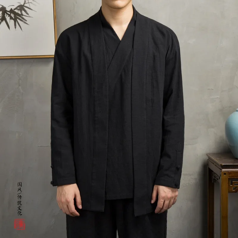 Men Clothes Cotton and Linen Solid Causal Kimono Black Jacket Male Korean Style Windbreaker for Men