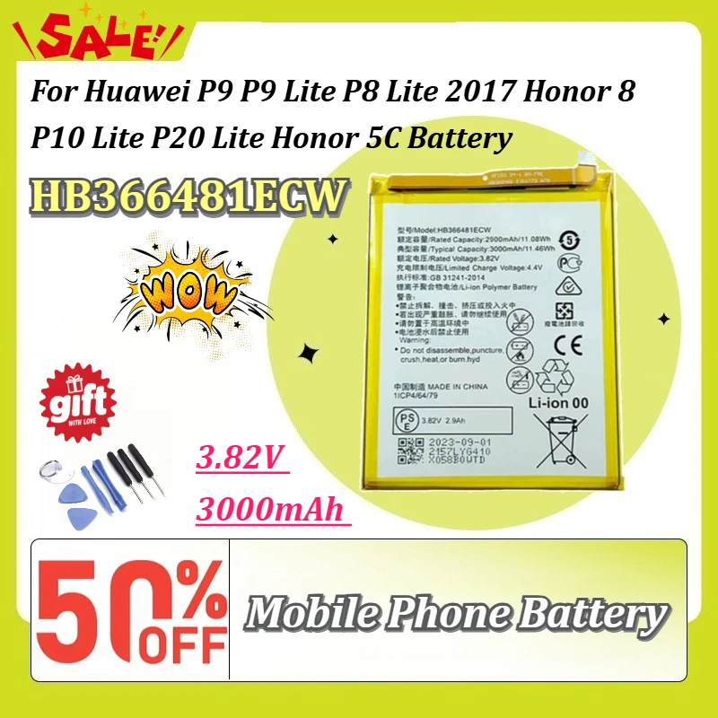 New HB366481ECW 3.82V 3000mAh Replacement Battery for Huawei P9/P9 Lite/P8 Lite 2017/Honor 8/P10 Lite/P20 Lite/Honor 5C Battery