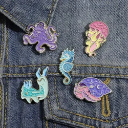 Cartoon Marine Animal Series Brooch Creative Cute Octopus Hermit Crab Seahorse Jellyfish Shaped Metal Badge Brooches for Women