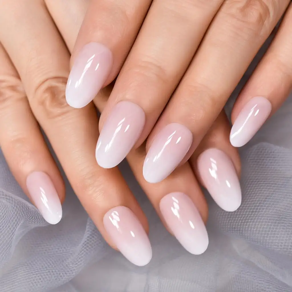 24pcs Glossy Milk White Pink Press On False Nails Medium Length Almond Reusable Acrylic Nail Art Tips Fake Fingernails