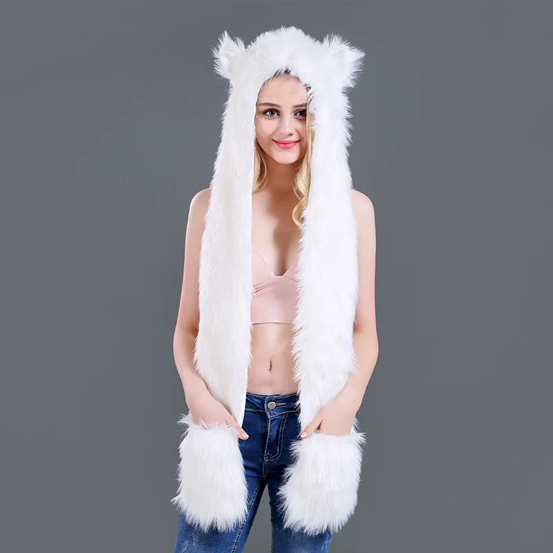 Topi Bulu Wanita Model Kartun, Syal, dan Sarung Tangan dalam Satu Set Tiga-in-Satu, Topi Bulu Lucu untuk Wanita