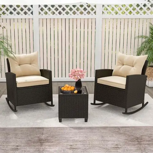 3-Piece Outdoor Wicker Rocking Chair Set with Cushions and Glass Coffee Table, Beige
