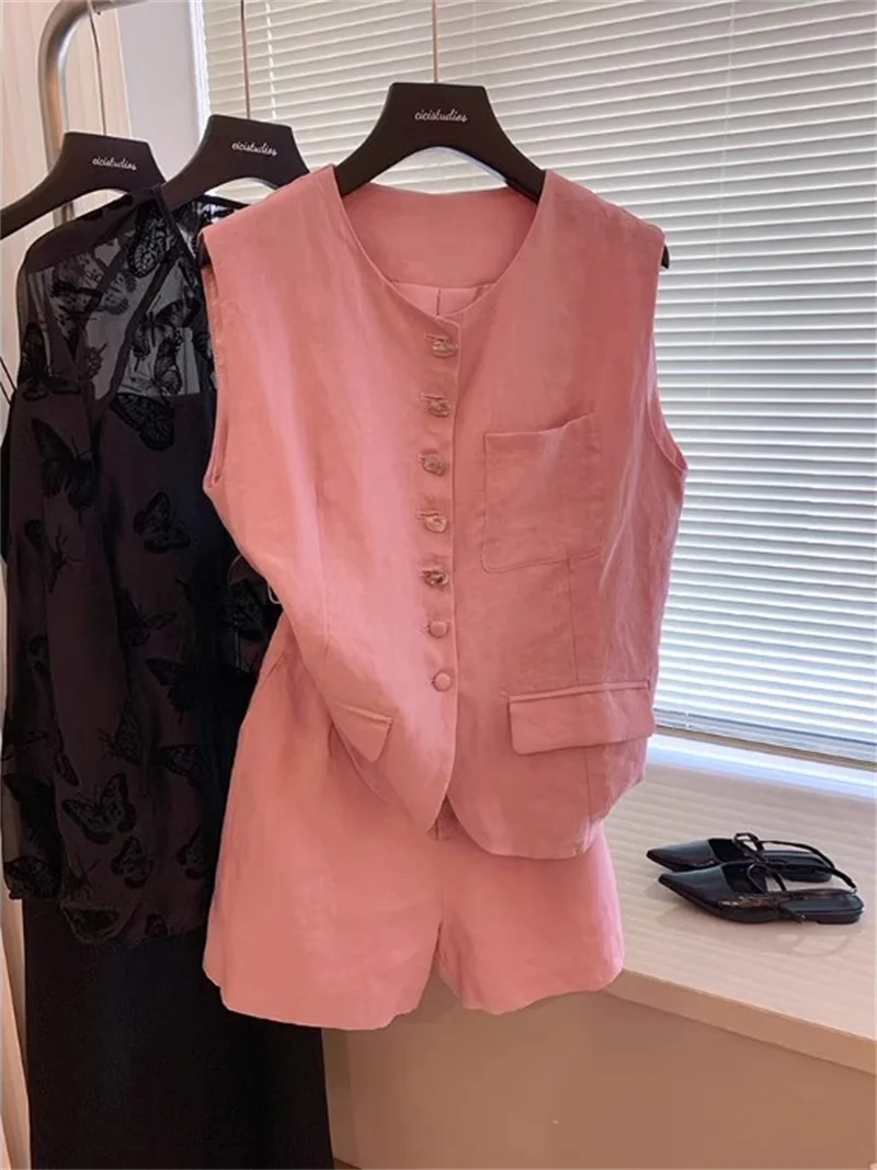 

Pink Fashion Set Single breasted Sleeveless Round Neck Vest Elastic Waist Wide Leg Shorts Casual Linen 2 Piece Set Summer g1061