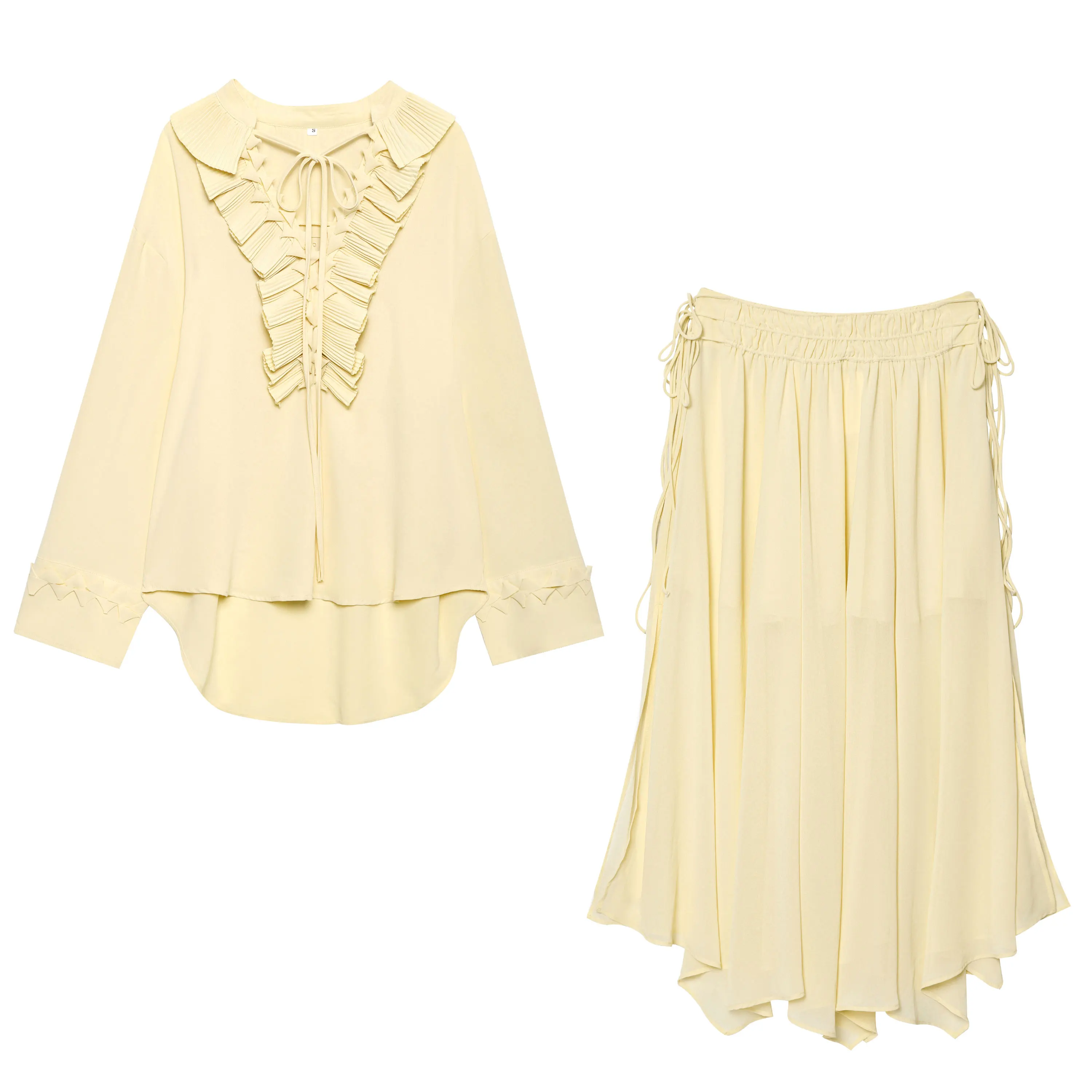 HH Vrouwen Elegante Gele Ruches Lace-up Blouse Rokken Sets Lange Mouw V-hals Shirt Geplooide Midi Rok 2025 Vrouwen Outfits