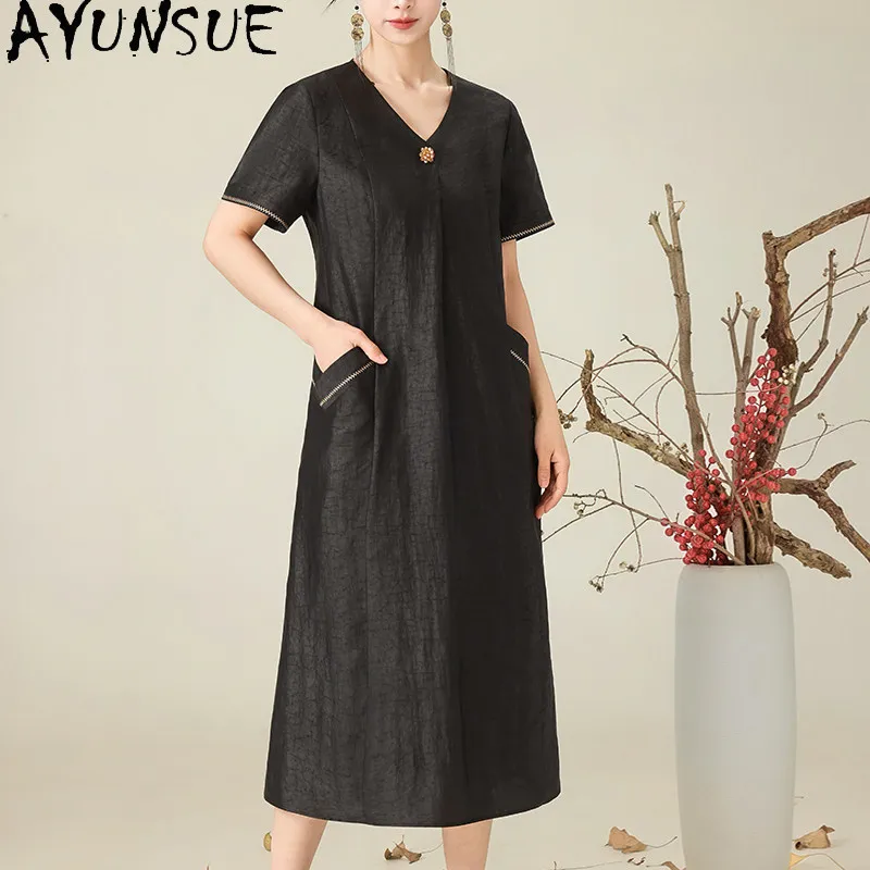 AYUNSUE 100% Real Mulberry Silk Dress Women Elegant Womens Dresses High-waist Summer Clothes Loose Fit Gambiered Guangdong Gauze