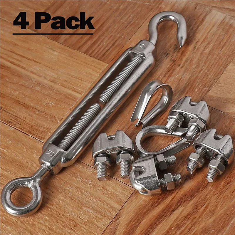 4-Pcs Turnbuckle/Tension(Eye&Hook, M6), 16-Pcs 1/8 Inch Wire Rope Cable Clip/Clamp(M3), 8-Pcs Thimble(M3) KitJAS