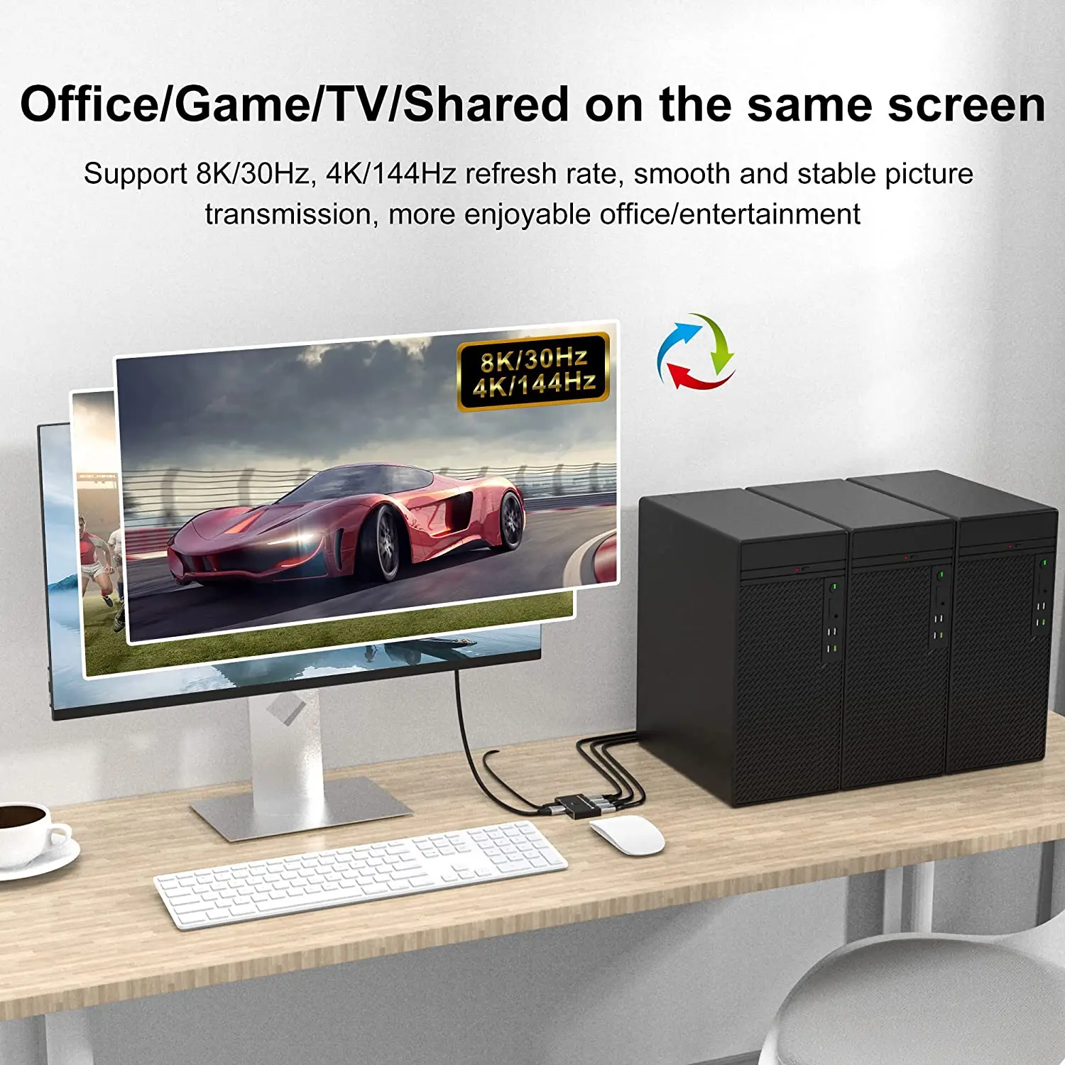 DisplayPort 8K DP 1.4 Switch 3In 1Out 1In 3Out Bi-direction 8K @ 30Hz 4K @ 144Hz Splitter Converter untuk Berbagai Sumber dan Tampilan