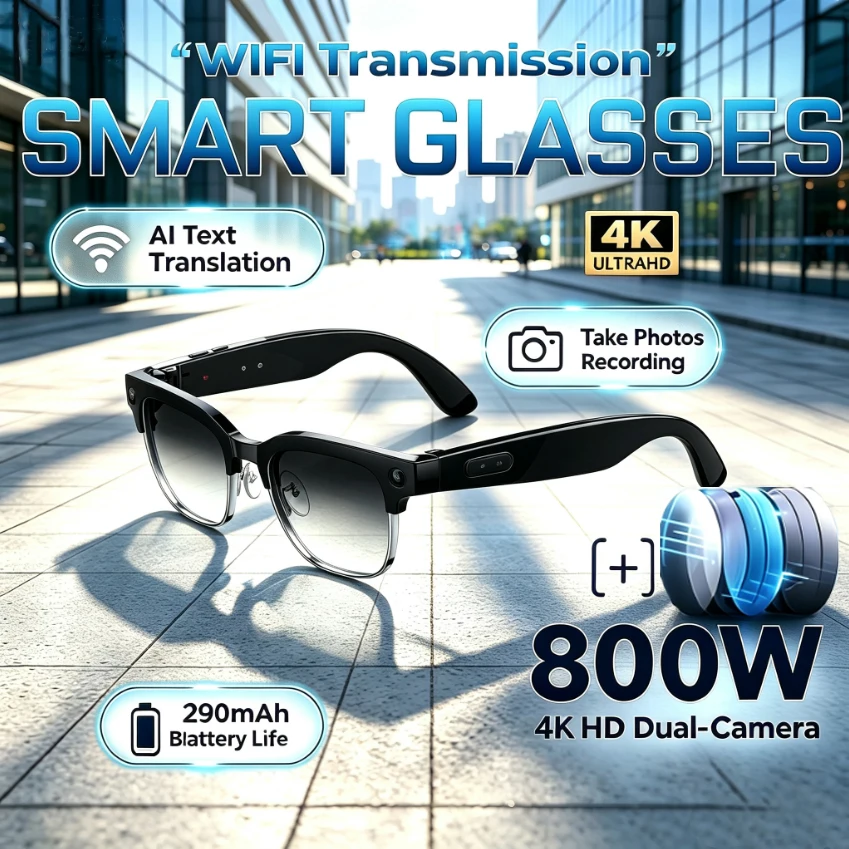 2026 New 8MP HD Camera 4K Half Frame Glasses AI Real-Time Translation 4GB Memory Wi-Fi Image Transfer Waterproof Smart Glasses