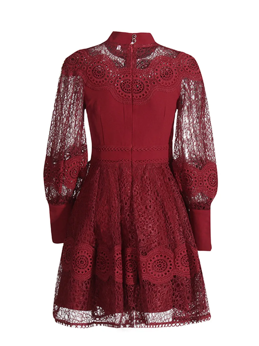 Autumn French court style embroidery stand collar mesh lace perspective splicing design short dress