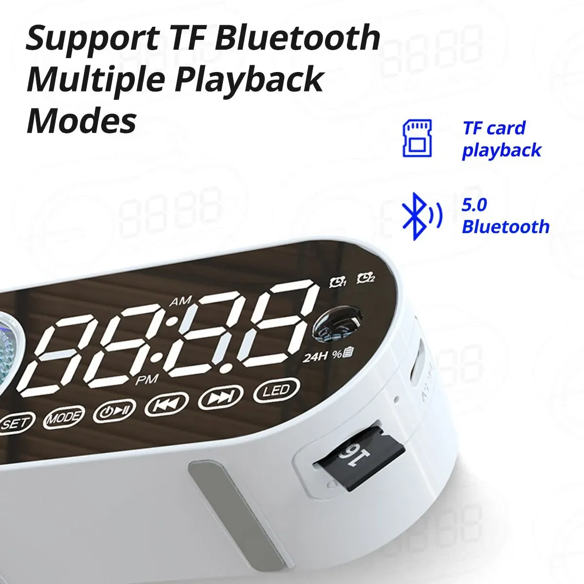 블루투스 조용한 무선 스피커 알람 시계 RGB TWS USB LED 미러 디지털 시계 FM 대형 디스플레이 거실 사무실 장식