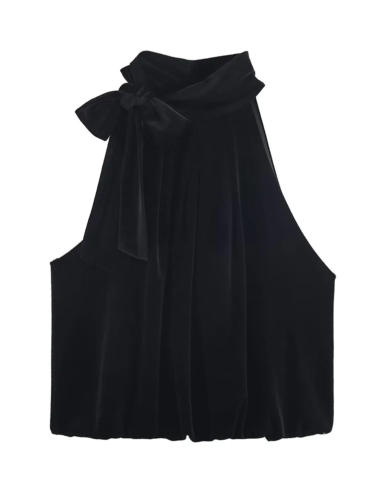 

HH Women Fashion Bow Pleated Decoration Velvet Top Summer Sleeveless Sexy Tank Top Woman Solid Casual High Street Short Top