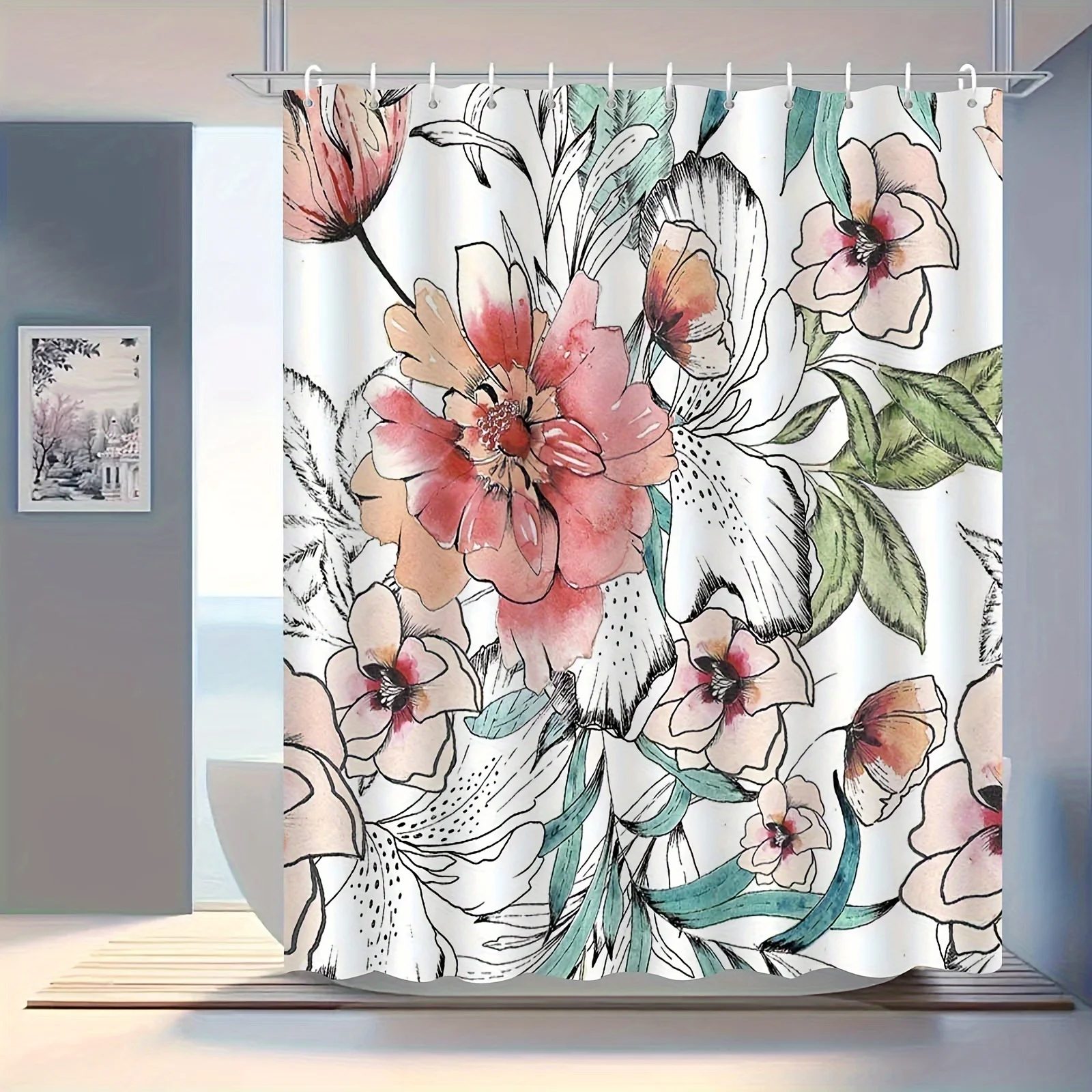 

Элегантная винтажная занавеска для душа с европейским цветочным принтом, высококачественный противотуманный полиэстер, ретро розовые и персиковые цветы на белом цвете