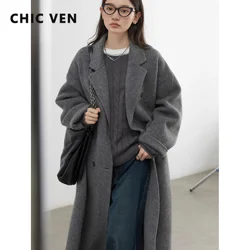 CHIC VEN Women Woolen Coat Double-breasted Basic Loose Casual Retro New Long Double-sided Female Overcoat Autumn Winter 2024