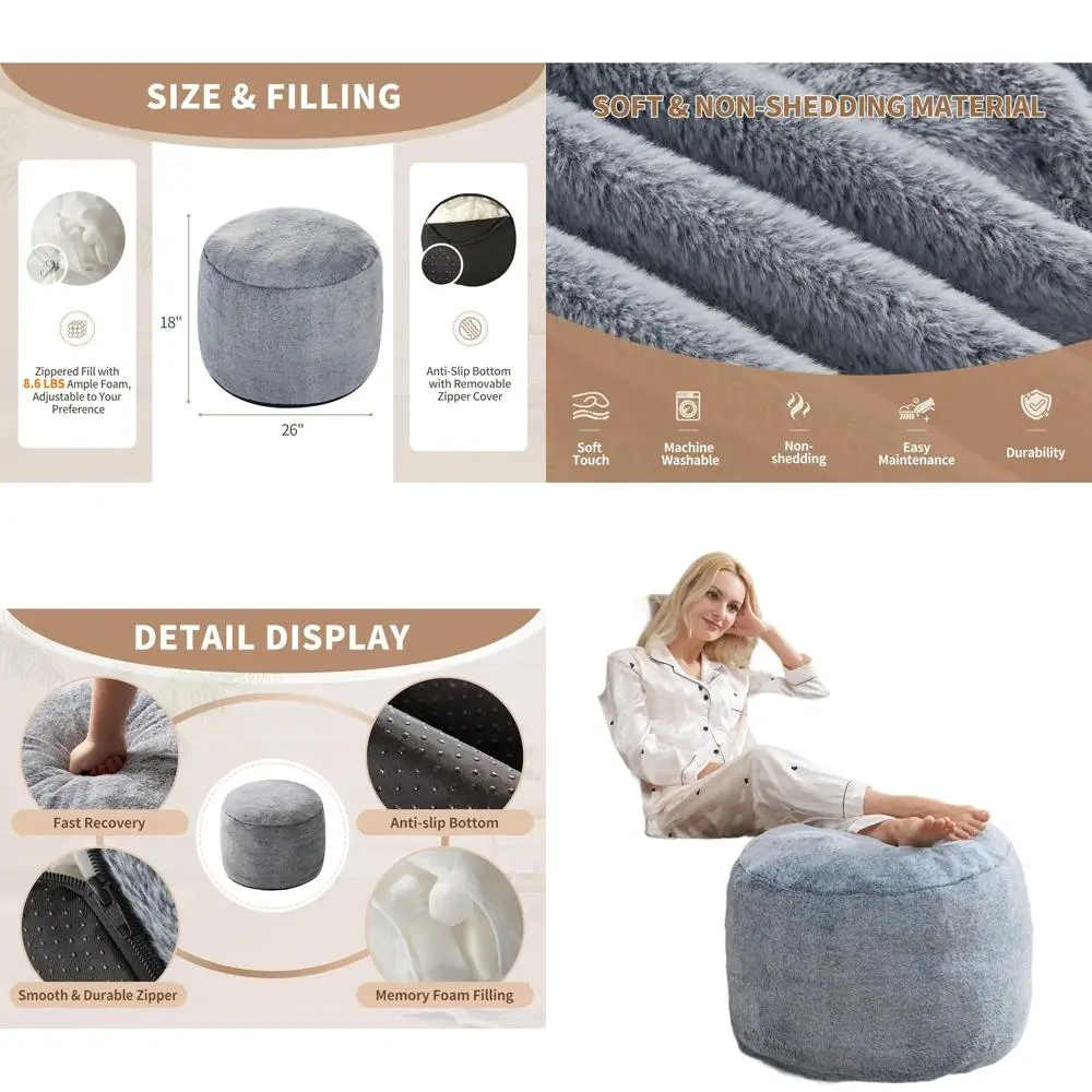 

Large Dark Grey Plush Ottoman, 26x18 Foam-Filled Footrest for Living Room