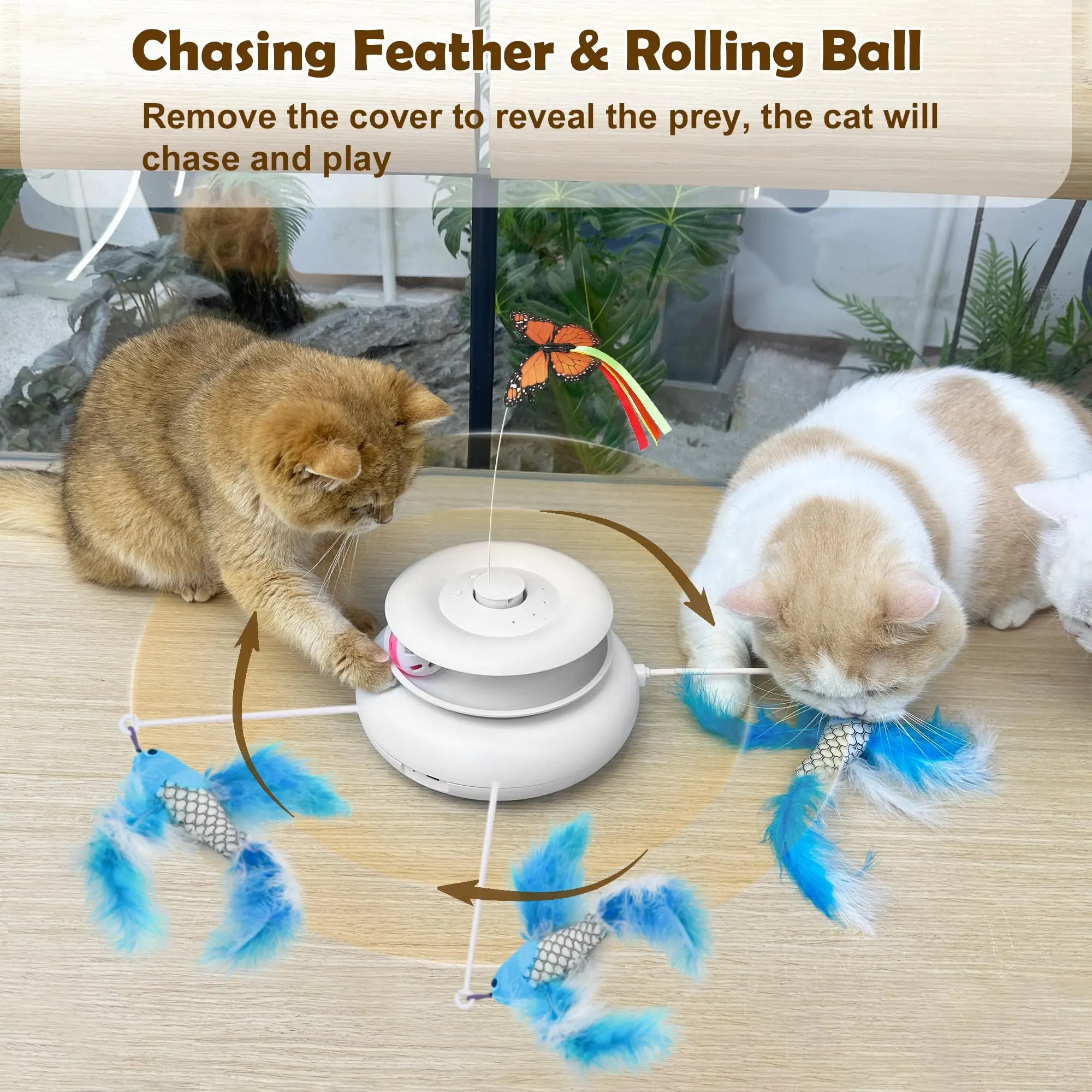 Cat Toys Rechargeable, 4 in 1 Hide and Seek Kitten Wand Toy, Automatic InteractiveToy for, Fluttering Butterfly, Chasing Feather