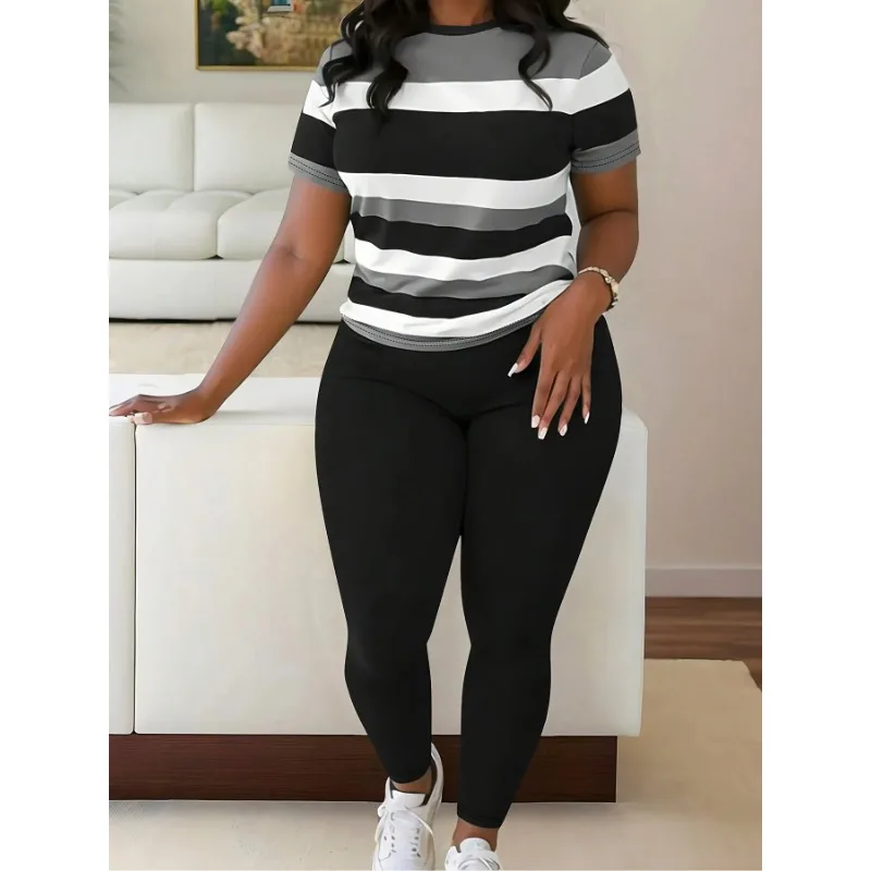 

Plus Size New Women's Striped Printed Top Solid Color Pants Set & Matching Pants 2 Piece Outfit Set