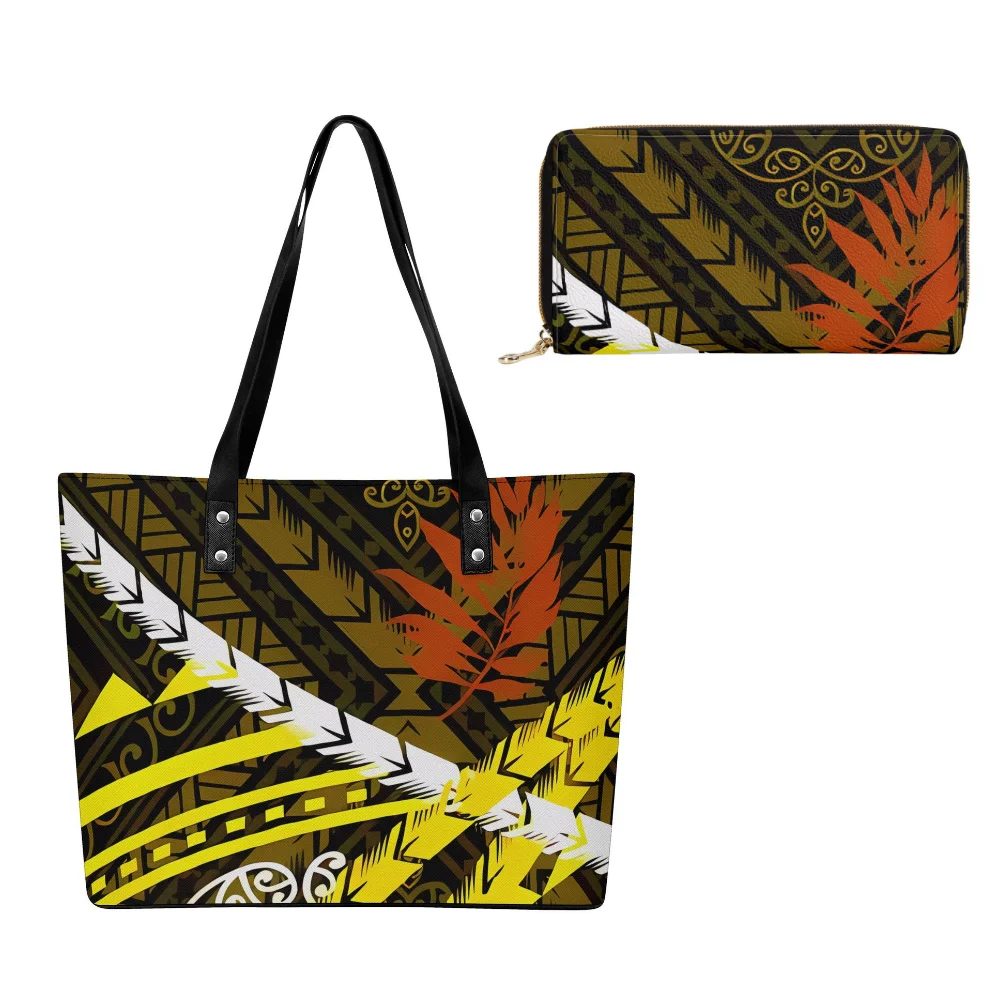 Dompet Tas Tangan Kulit Bunga Polinesia yang Dapat Disesuaikan Duo Tas Tote Luas Pola Cetak Kasual Wanita Desain Lembut Chic