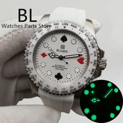 BLIGER 40mm Rubber Strap Watch For Men NH35 Automatic Movement With Poker Pattern Dial Green Luminous Sapphire Glass White Bezel