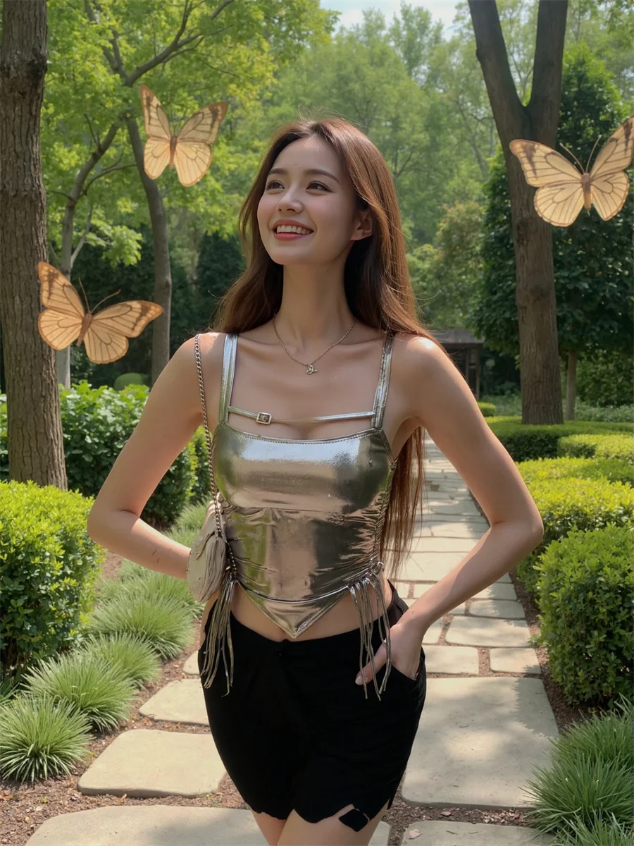 

Майки женские жидкие металлические серебряные клетчатые узоры в полоску с бисером винтажный черный, белый укороченный хипстерский жилет в готическом стиле в стиле панк