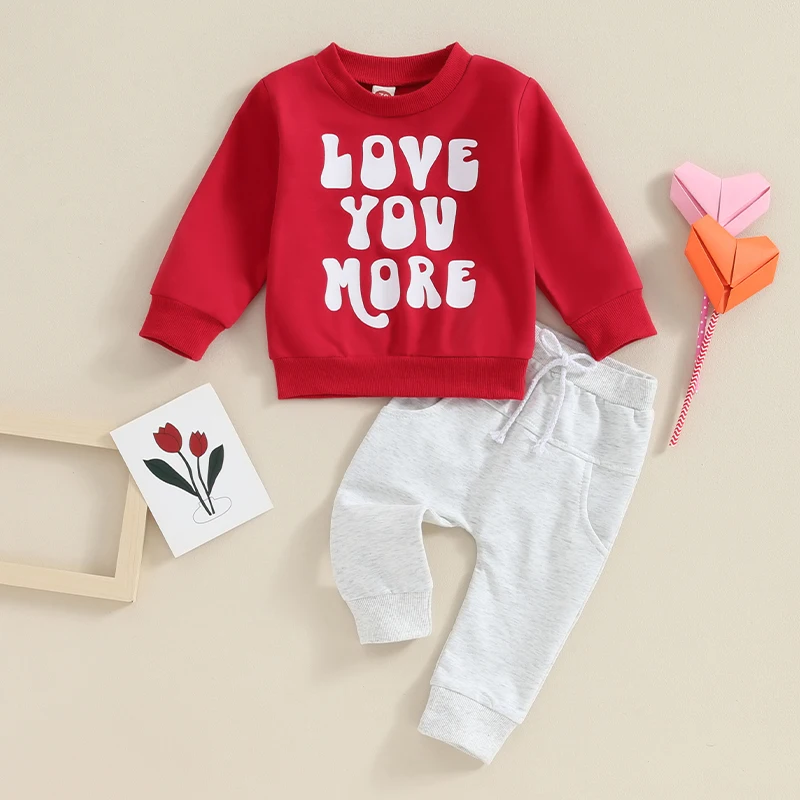 

2023-10-30 Lioraitiin Toddler Baby Boy Girl Valentines Day Outfit Letter Print Long Sleeve Sweatshirt Elastic Pants Set Clothes