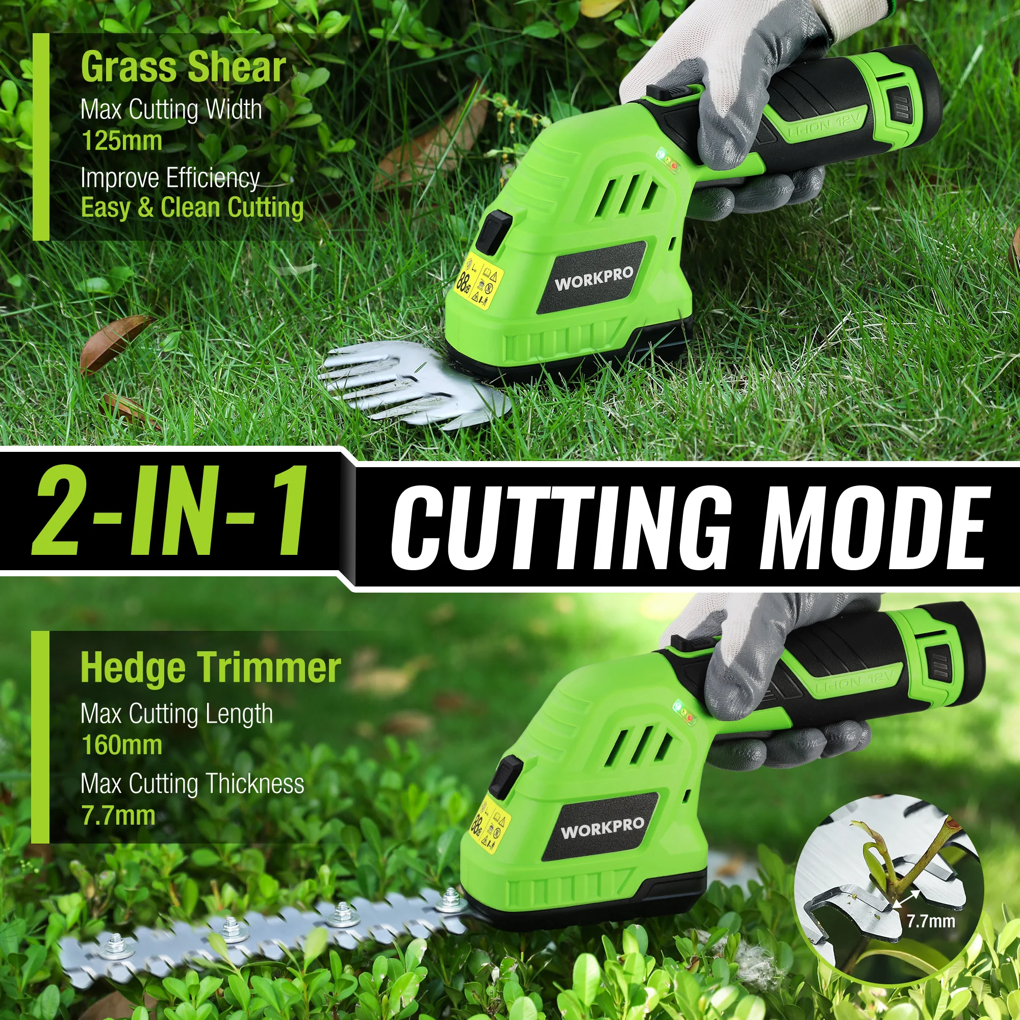 WORKPRO 12V Cordless Grass Shear &Shrubbery Trimmer Portable Hedge Cutter Trimmer 2 in 1 Rechargeable Garden Power Tool