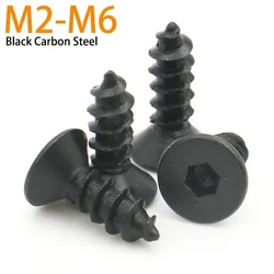 10-200pcs M2 M2.3 M2.6 M3 M4 M5 M6 Black Carbon Steel Hexagon Socket Hex Flat Countersunk Head Self Tapping Screw