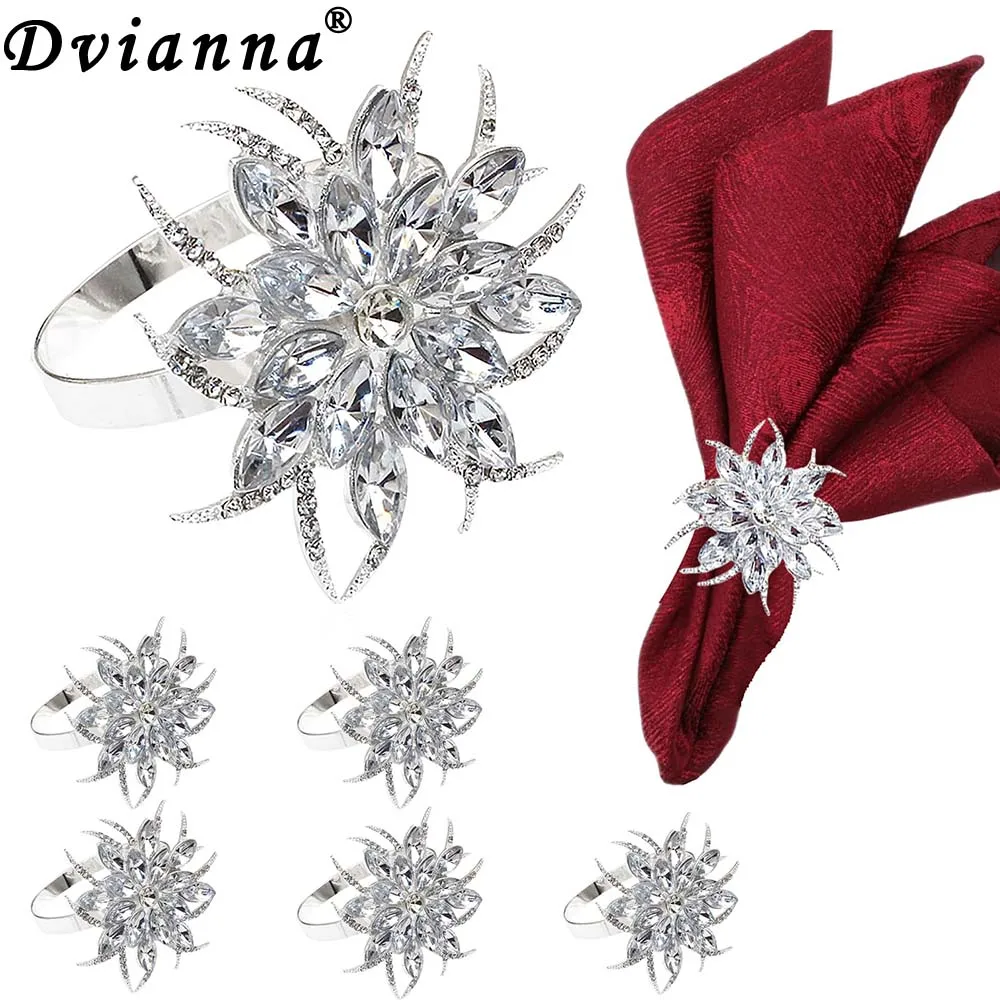 6Pcs Crystal Lotus Napkin Rings Rhinestone Napkin Holders Sparkling Table Decor for Bridal Shower Weddings Parties Home Use