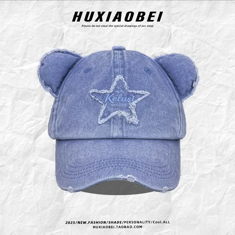 

Бейсболки Y2K с милыми медвежьими ушками из выстиранного хлопка для женщин: новая модная универсальная персонализированная хип-хоп кепка для весны и лета