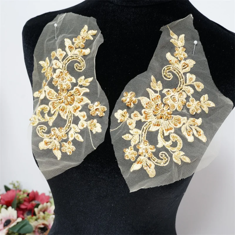 1 pair Golden sequins Patch Embroidery Flower Pair DIY Sew On Applique for Jeans Pants Dress Costume Accessories jackets