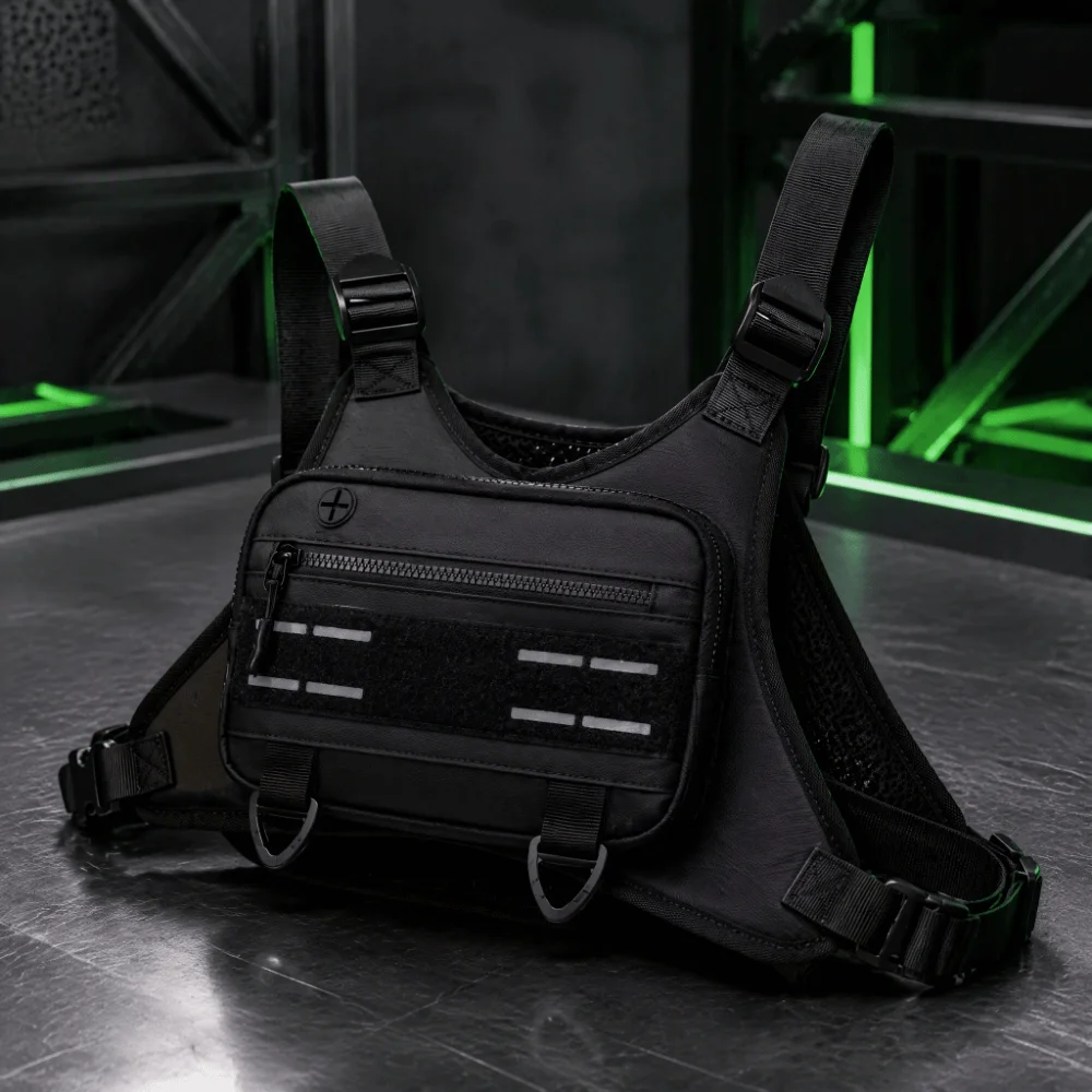 Black Sports Chest Bag Polyester Lining Breathable Mesh Front Chest Pack PVC Leather Outer Layer Reflective Detail