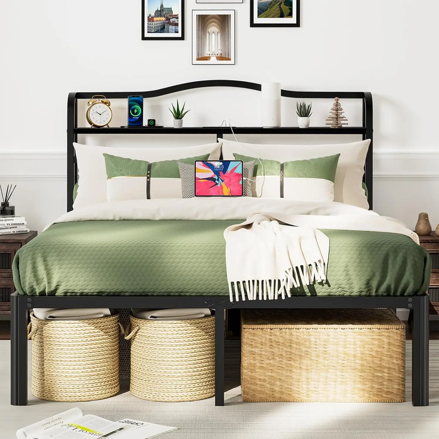 إطار سرير كوين أسود مع لوح رأسي بطول 45.72 سم، قاعدة سرير بمنصة معدنية شديدة التحمل، لا حاجة إلى صندوق زنبركي