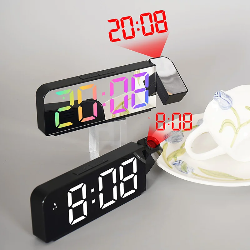 Projection Alarm Clock LED Large Display Electronic Clock Digital Alarm Clock LED Mirror Display 180 ° Rotating Projector Alarm