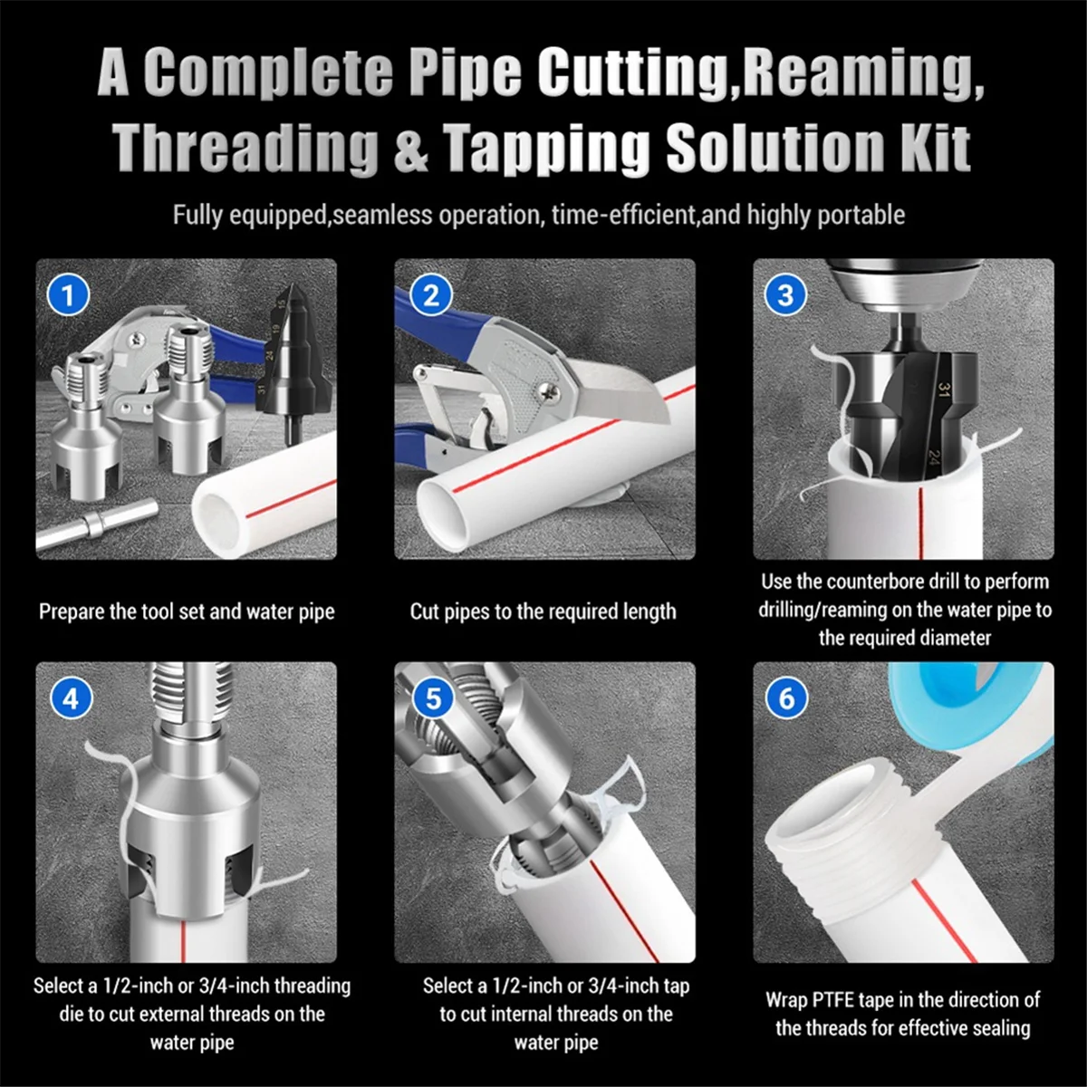 A002 1/2 Inch 3/4 Inch PPR Pipe Complete Threading Kit with Internal External Taps Dies Reamer Pipe for DN15 DN20 Plumbing