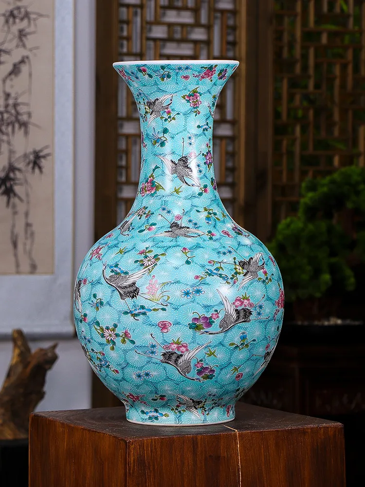 

Porcelain antique enamel blue ground flying crane ceramic large vase living room flower arrangement